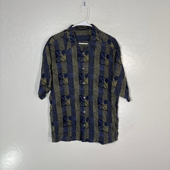 VINTAGE Jhane Barnes Shirt Mens Medium Blue Olive Geometric Abstract Cotton 90s - Picture 1 of 7